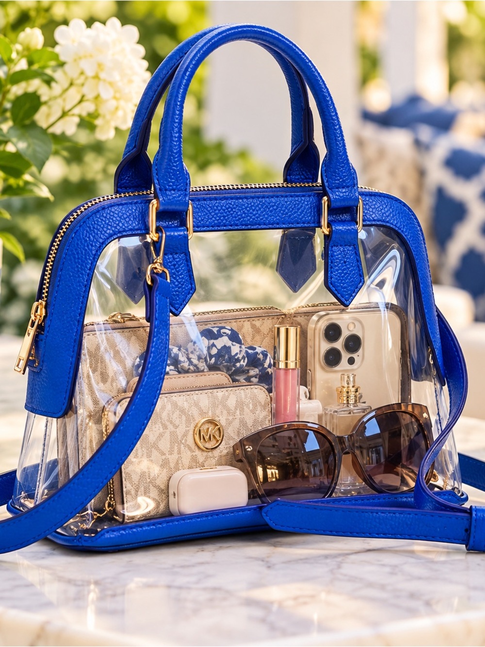 Clear Dome Satchel with Royal Blue Trim - Stylish Women’s Handbag 10x4.5x8
